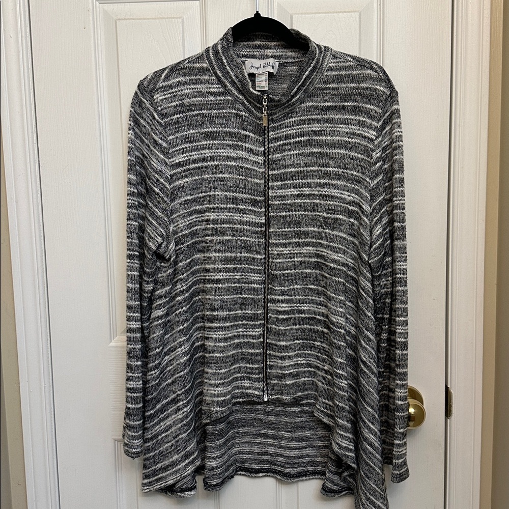 Joseph Ribkoff Black White Zip Front Cardigan Size 14 High Low Hem Lightweight